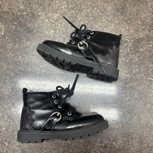 Zara Girls Boots Size 24 / US 6-7 Combat Patent Faux Leather Lace Up Toddler - Picture 1 of 7